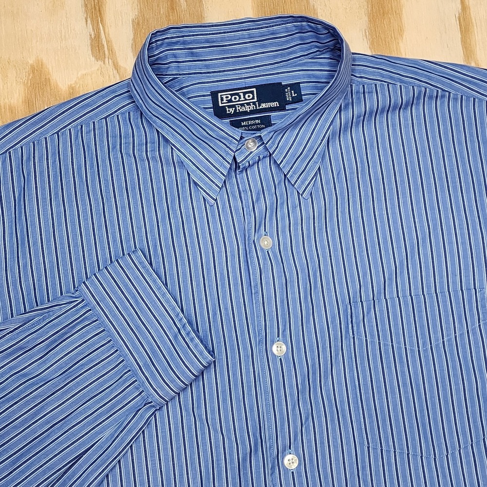Polo Ralph Lauren Shirt Men's Large Blue Striped Merrin Long Sleeve VTG EUC